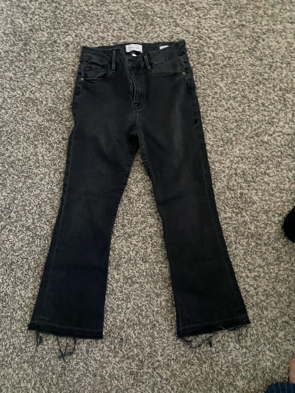 Frame Denim Black High-Rise Flared Jeans with Frayed Hem